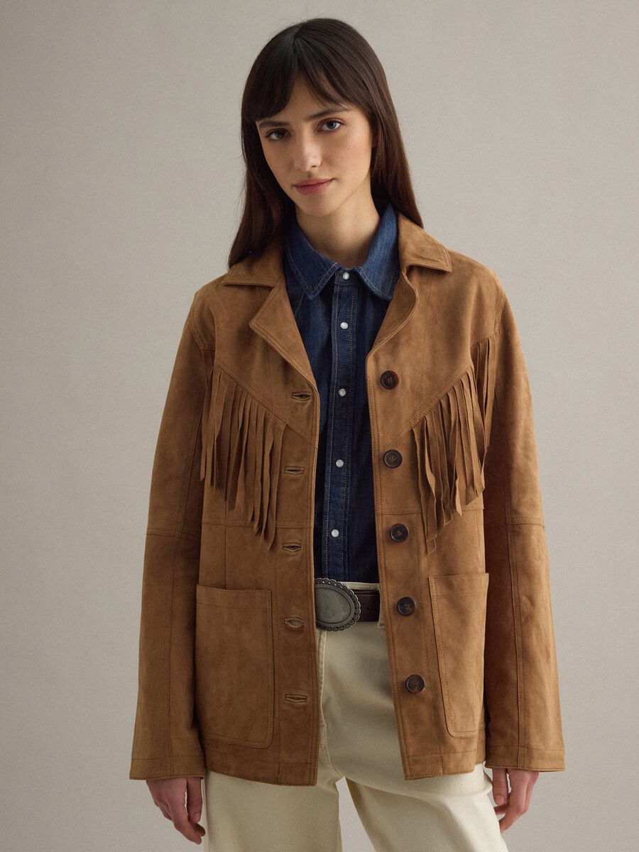 Brown genuine leather jacket regular fit with fringes_0