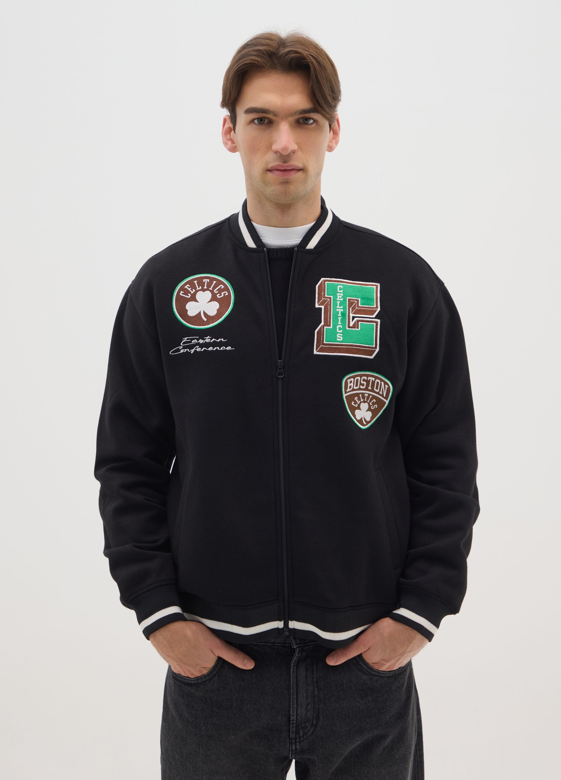 Black cotton blend bomber jacket with Celtics prints