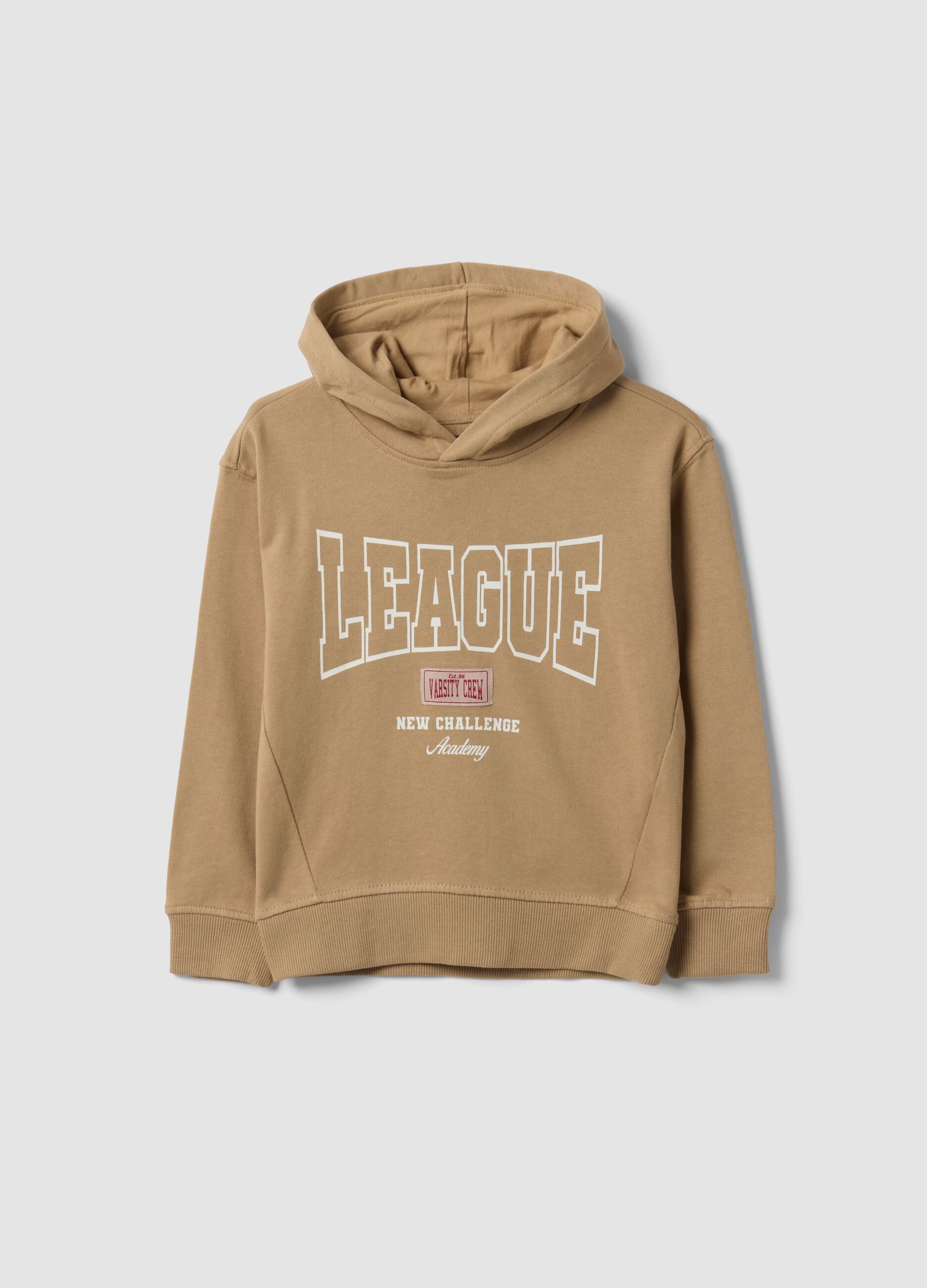 Beige pure cotton hoodie with front print for boys