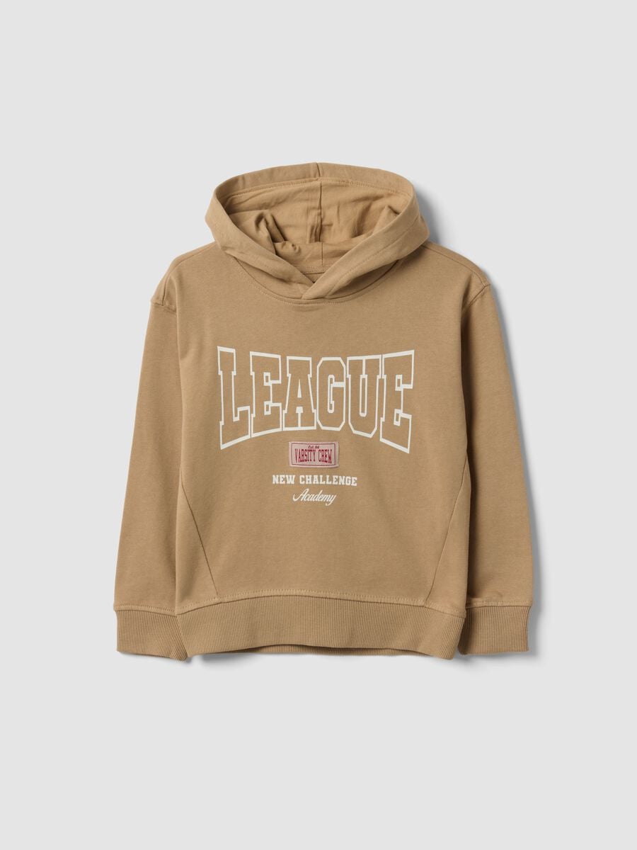 Felpa beige in puro cotone con cappuccio e scritta frontale per bambino_0