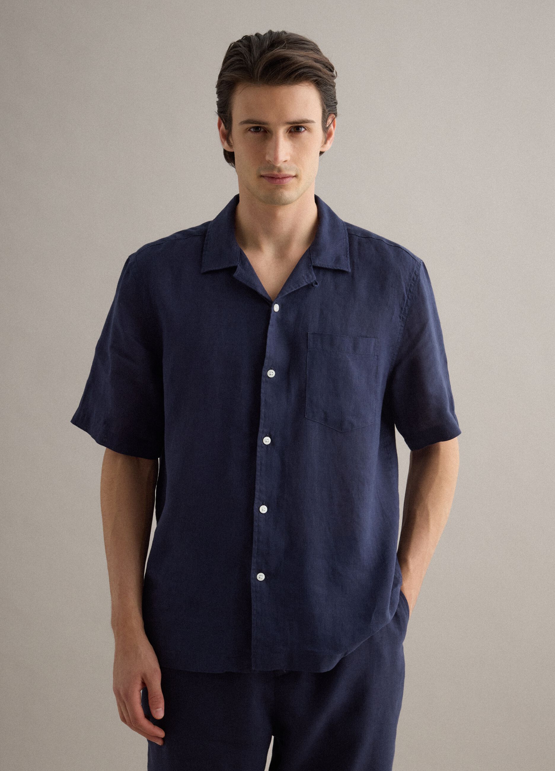 Blue short sleeve pure linen regular fit shirt with chest pocket