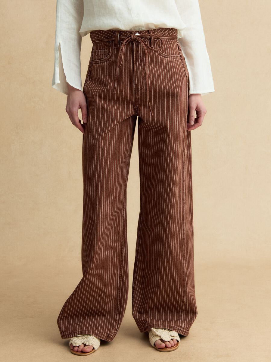 Brown striped wide-leg trousers in pure cotton_1