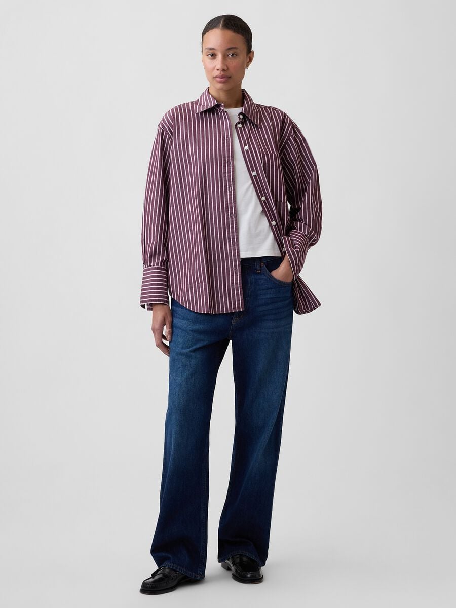 Burgundy red striped pure cotton shirt_1