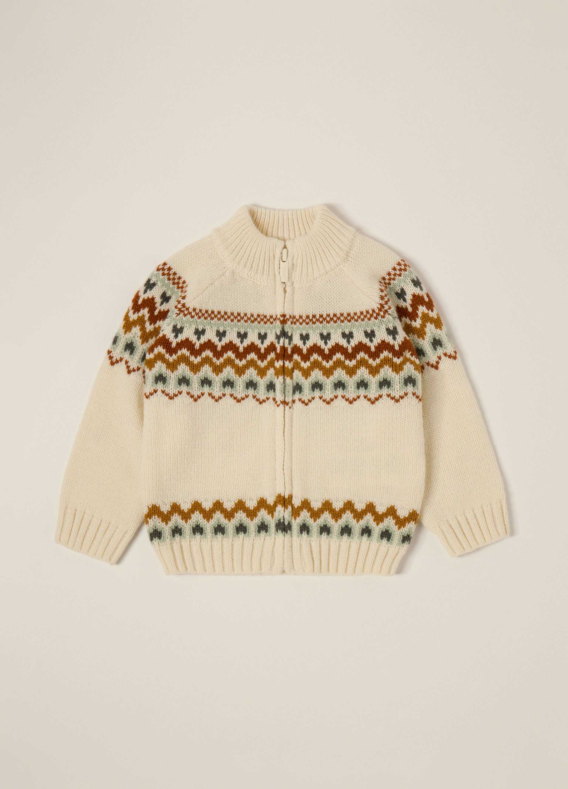 Beige jacquard knit cardigan for newborn