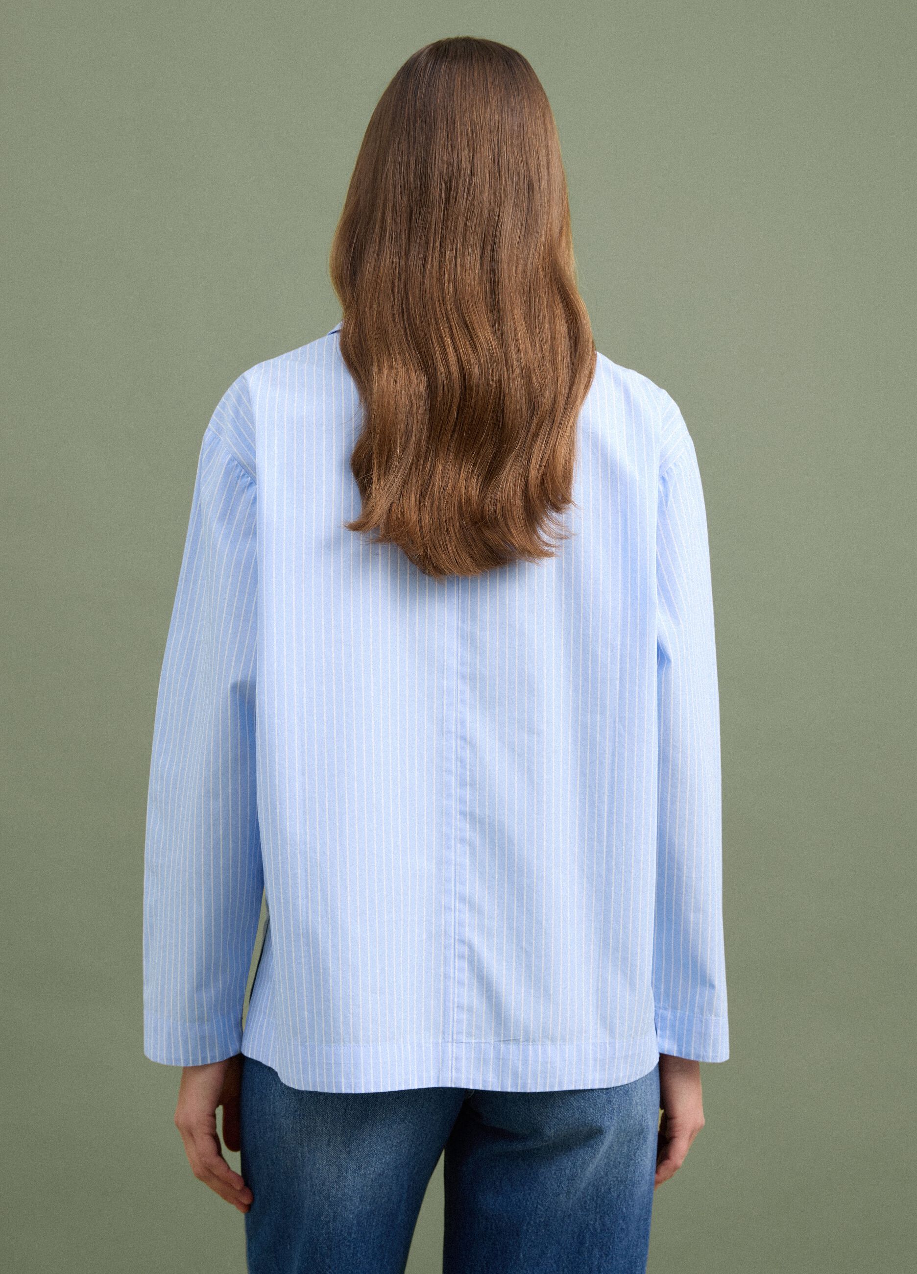 Blue striped pure cotton poplin shirt with V-neck