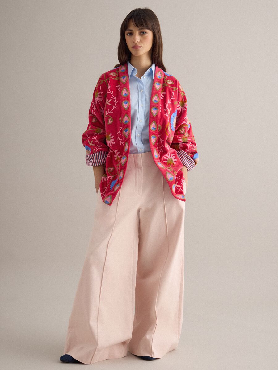 Oversized fit multicolour pure cotton kimono with floral embroidery_2