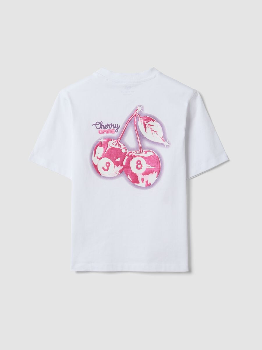 T-shirt bianca in puro cotone con collo a costine e stampa ciliegie_2