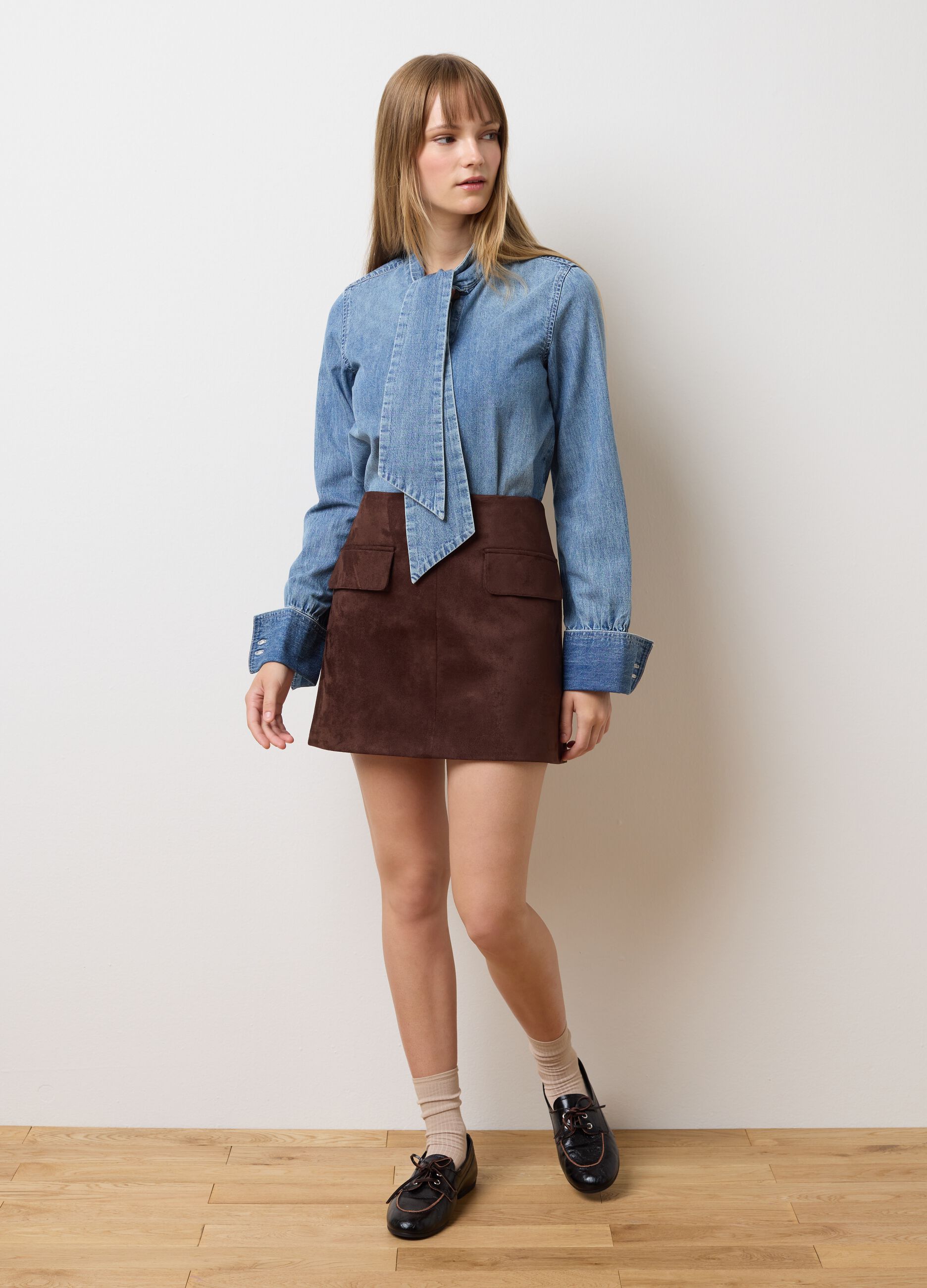 Brown stretch fabric skirt regular fit
