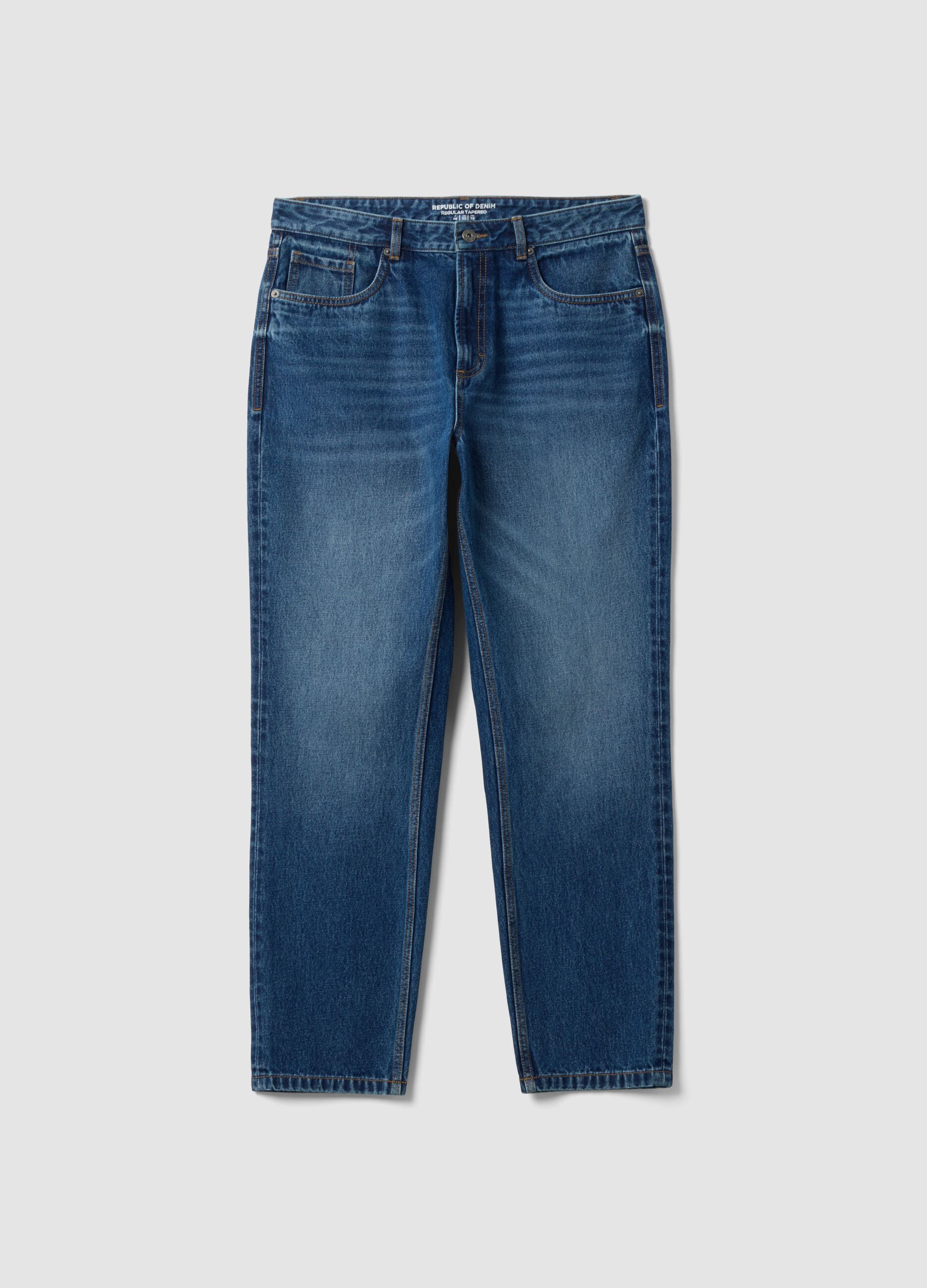 Regular tapered pure cotton denim jeans