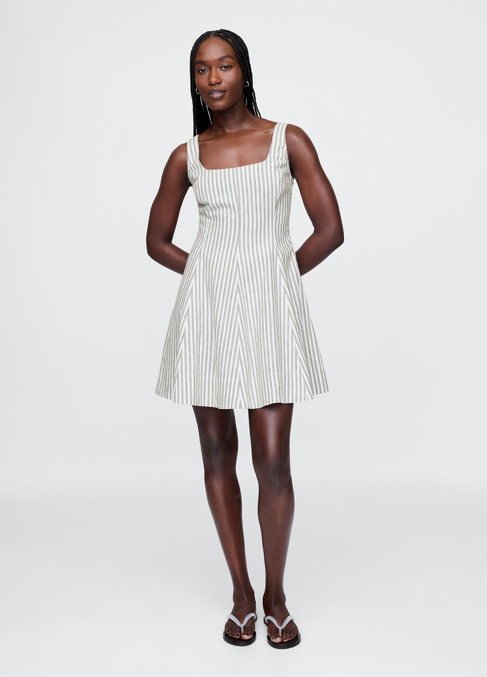 White and grey striped dress in linen and viscose