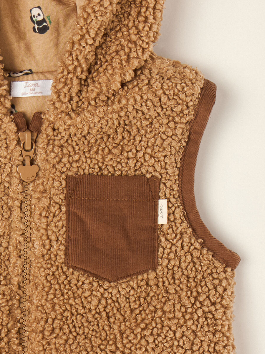 Brown teddy-effect hooded gilet_1