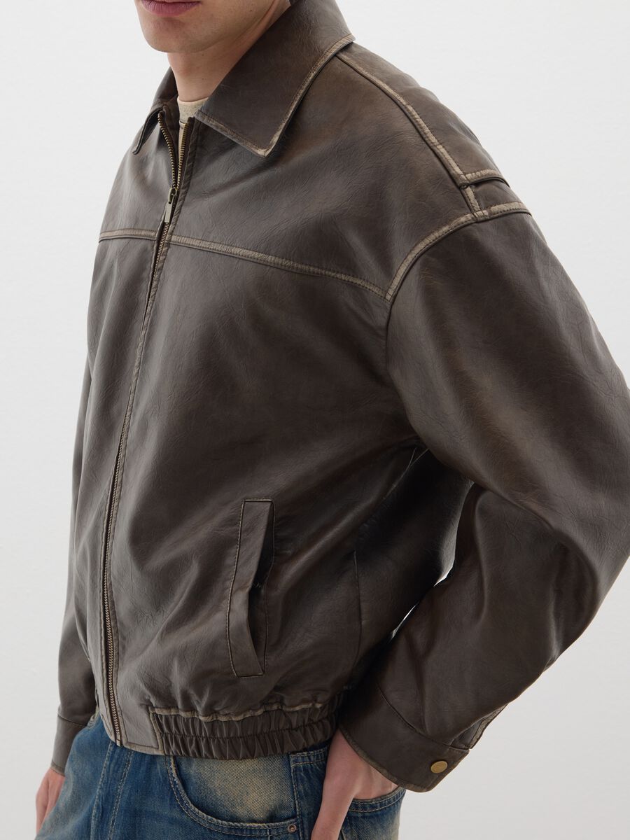 Brown Faux Leather Bomber Jacket_3