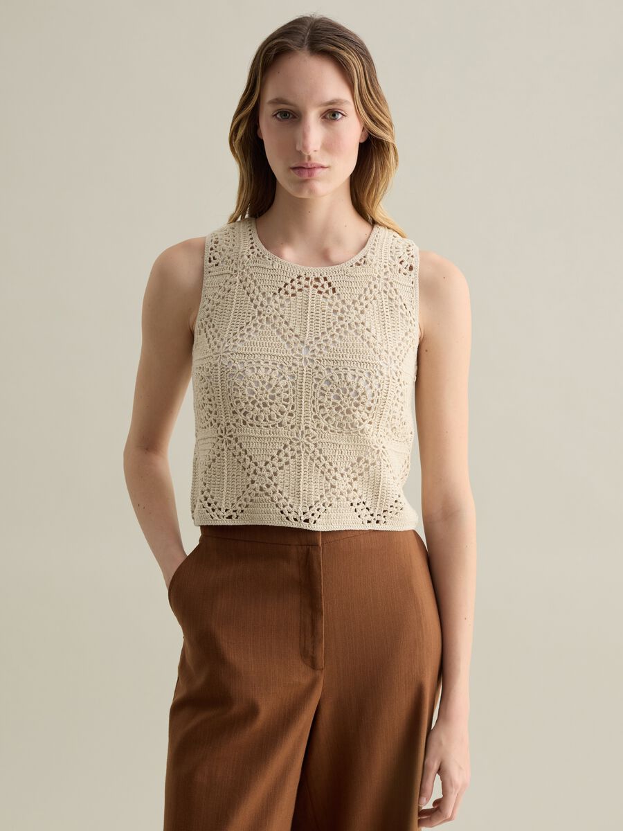 Beige crochet knit tank top_0