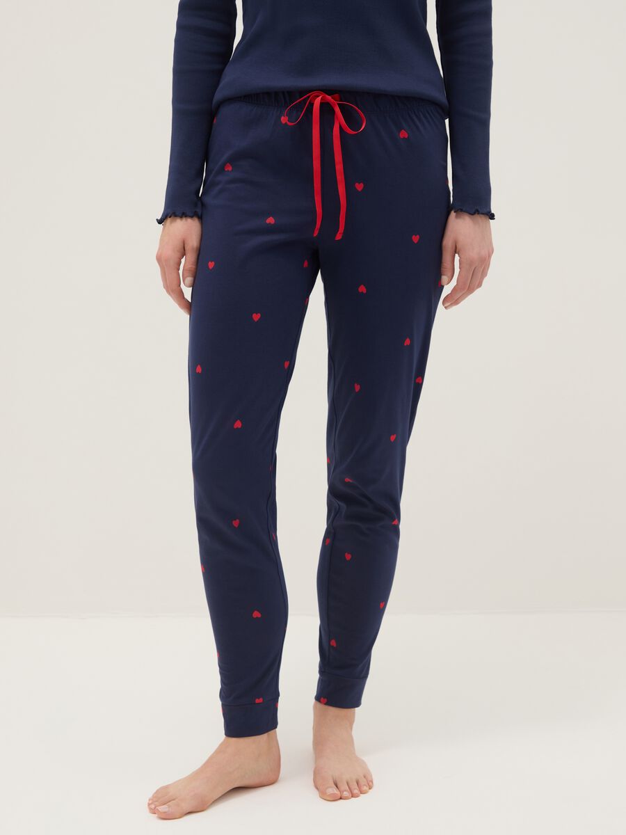 Blue pure cotton regular fit pyjama trousers with little hearts_1