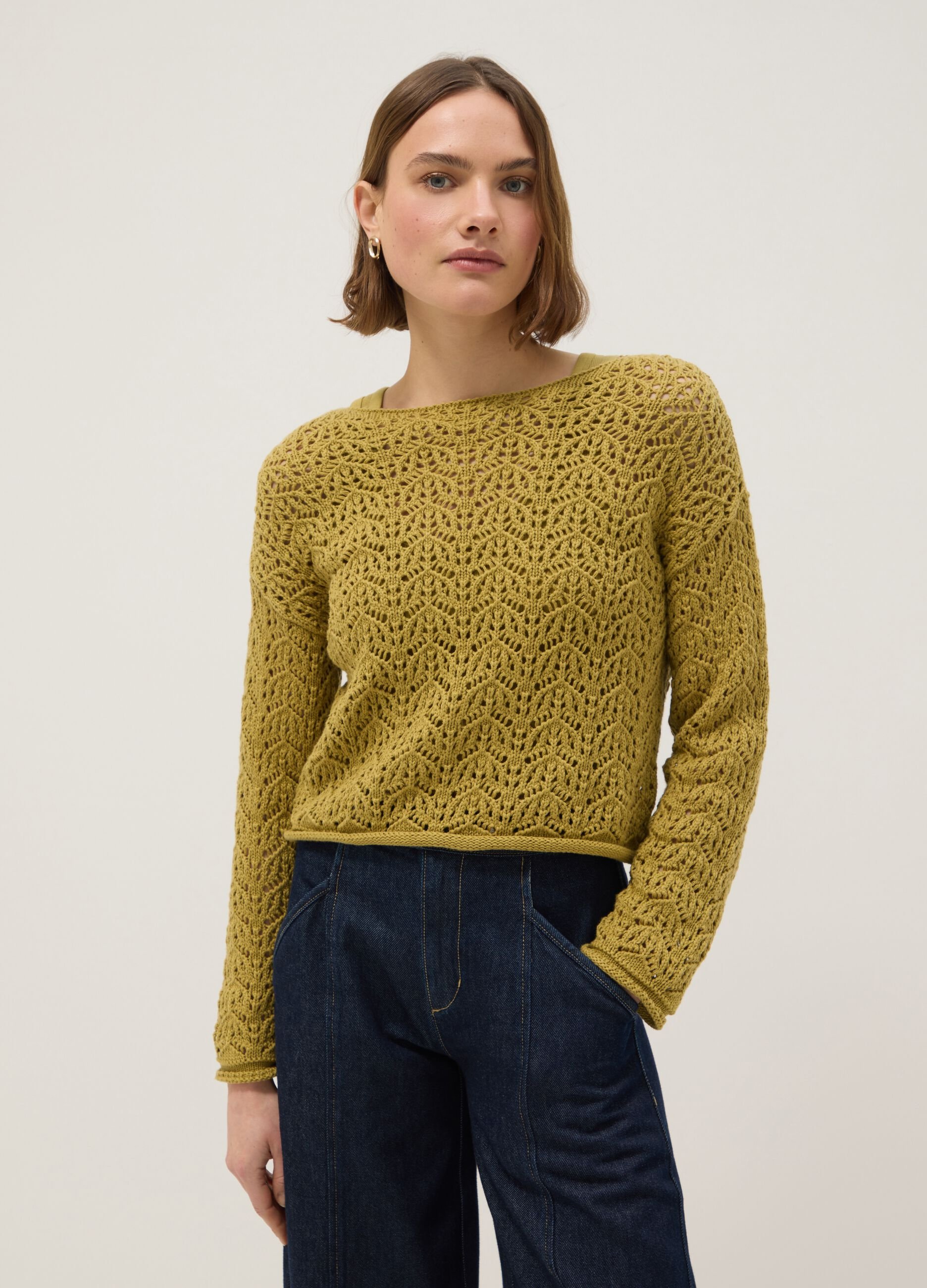 Pure cotton yellow jumper regular fit with perforated pattern