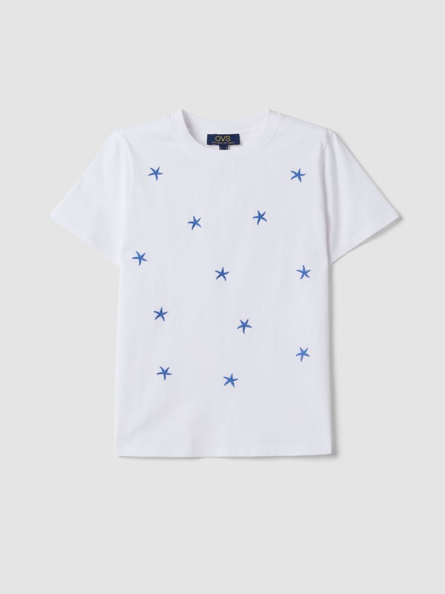 White pure cotton T-shirt with star embroidery_4