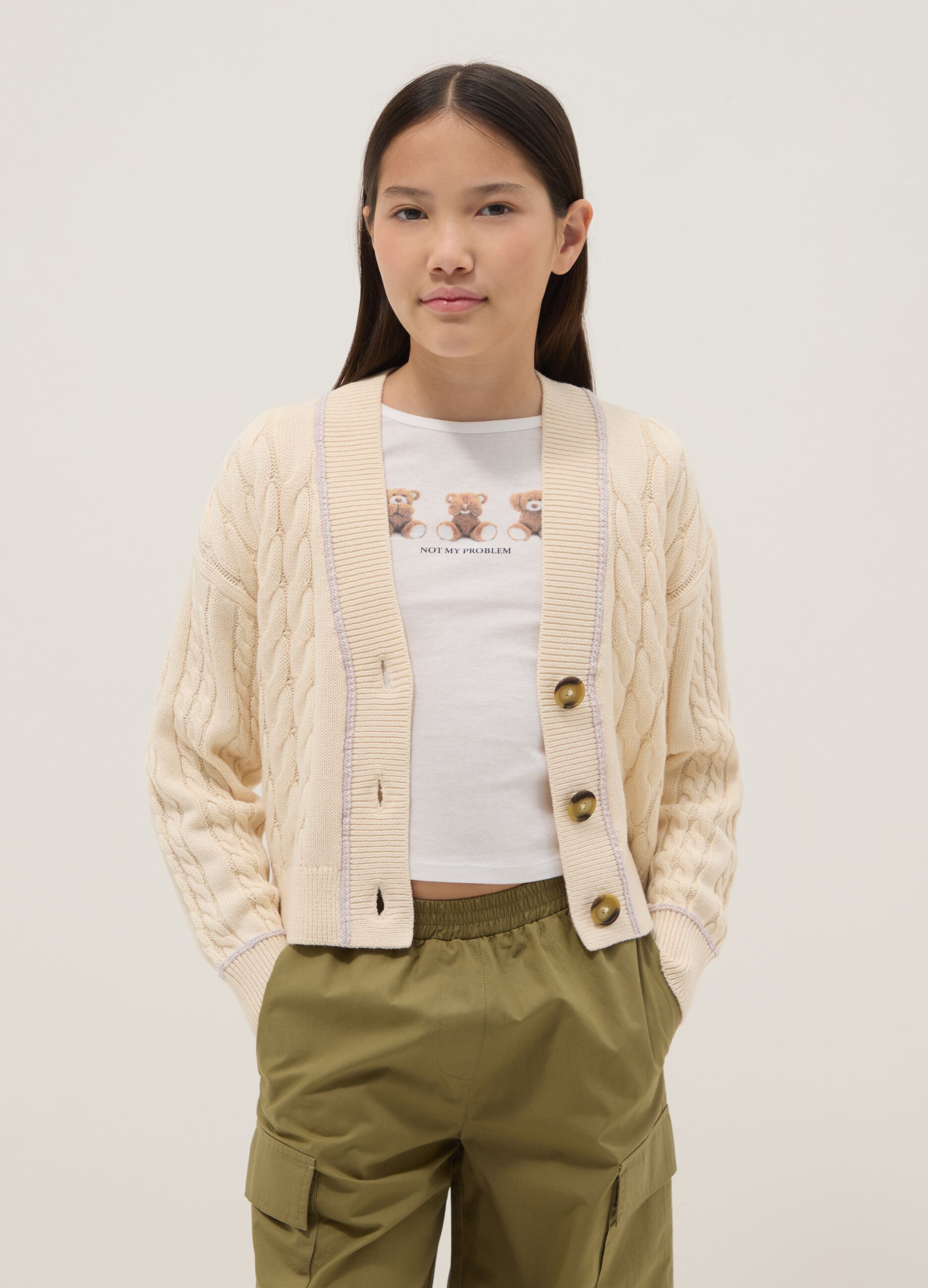 Beige cotton blend woven cardigan for girls with oversized fit