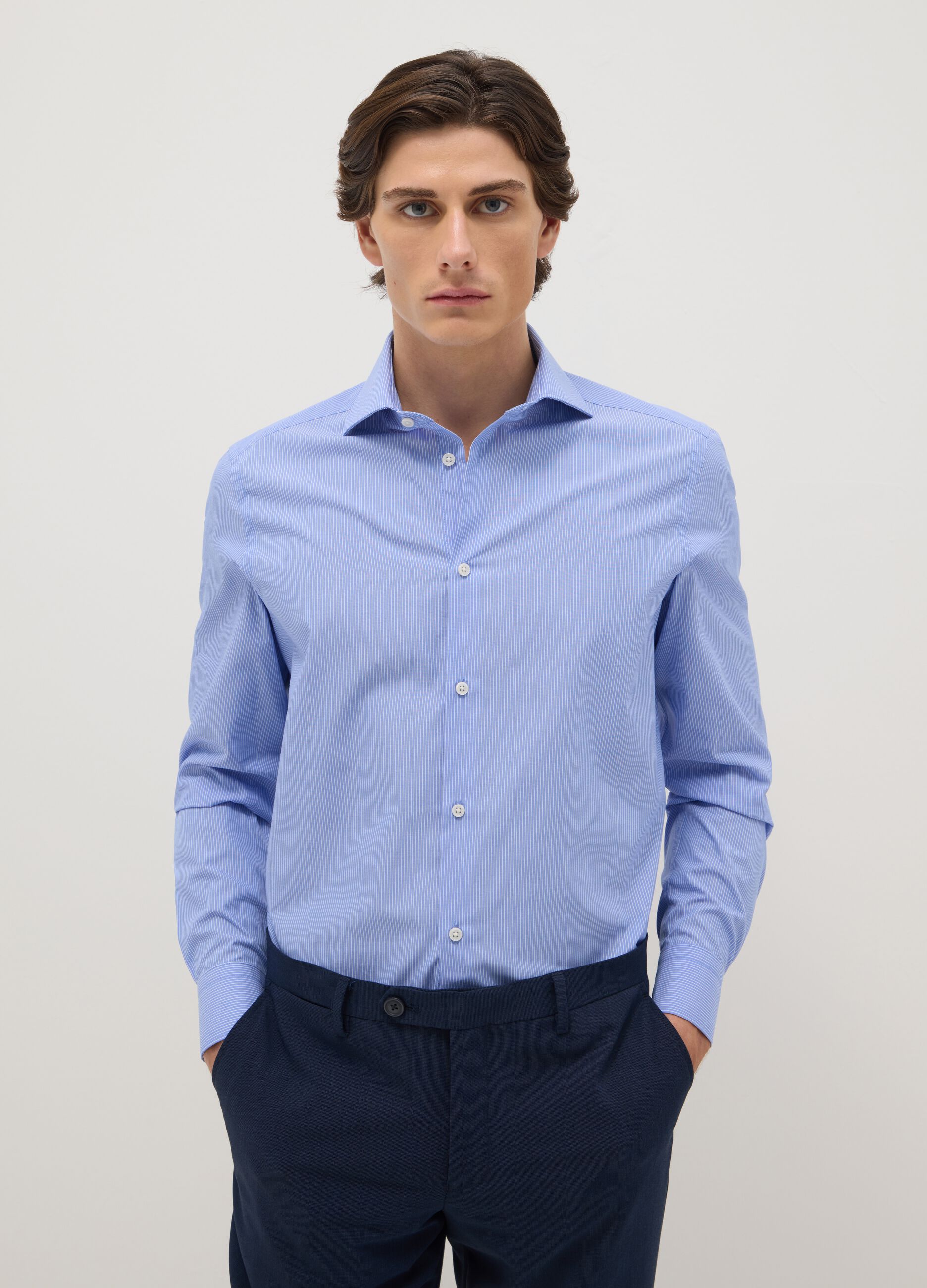Slim Fit Blue Cotton Blend Shirt