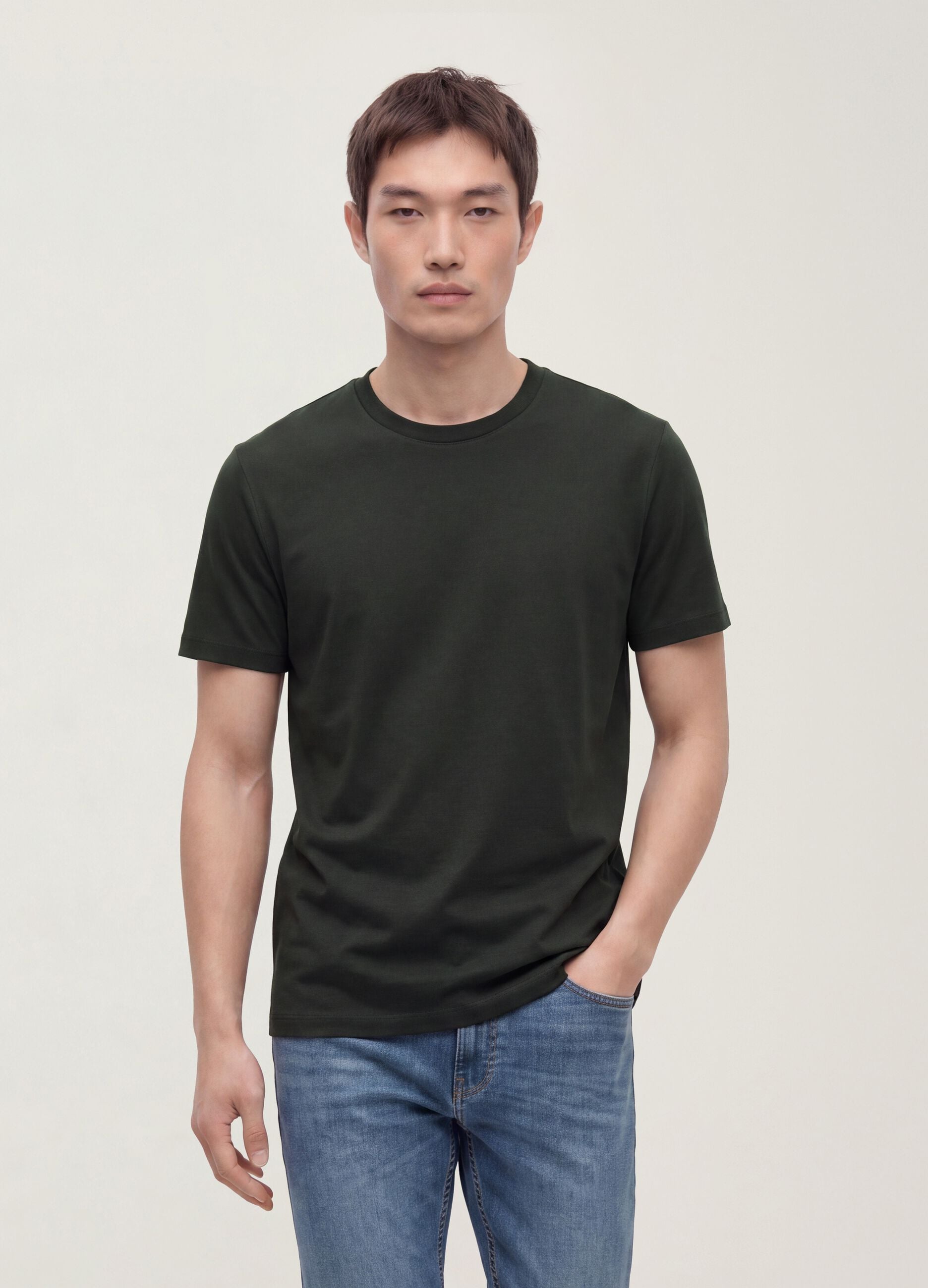 Grey mercerised pure cotton crew-neck T-shirt, regular fit
