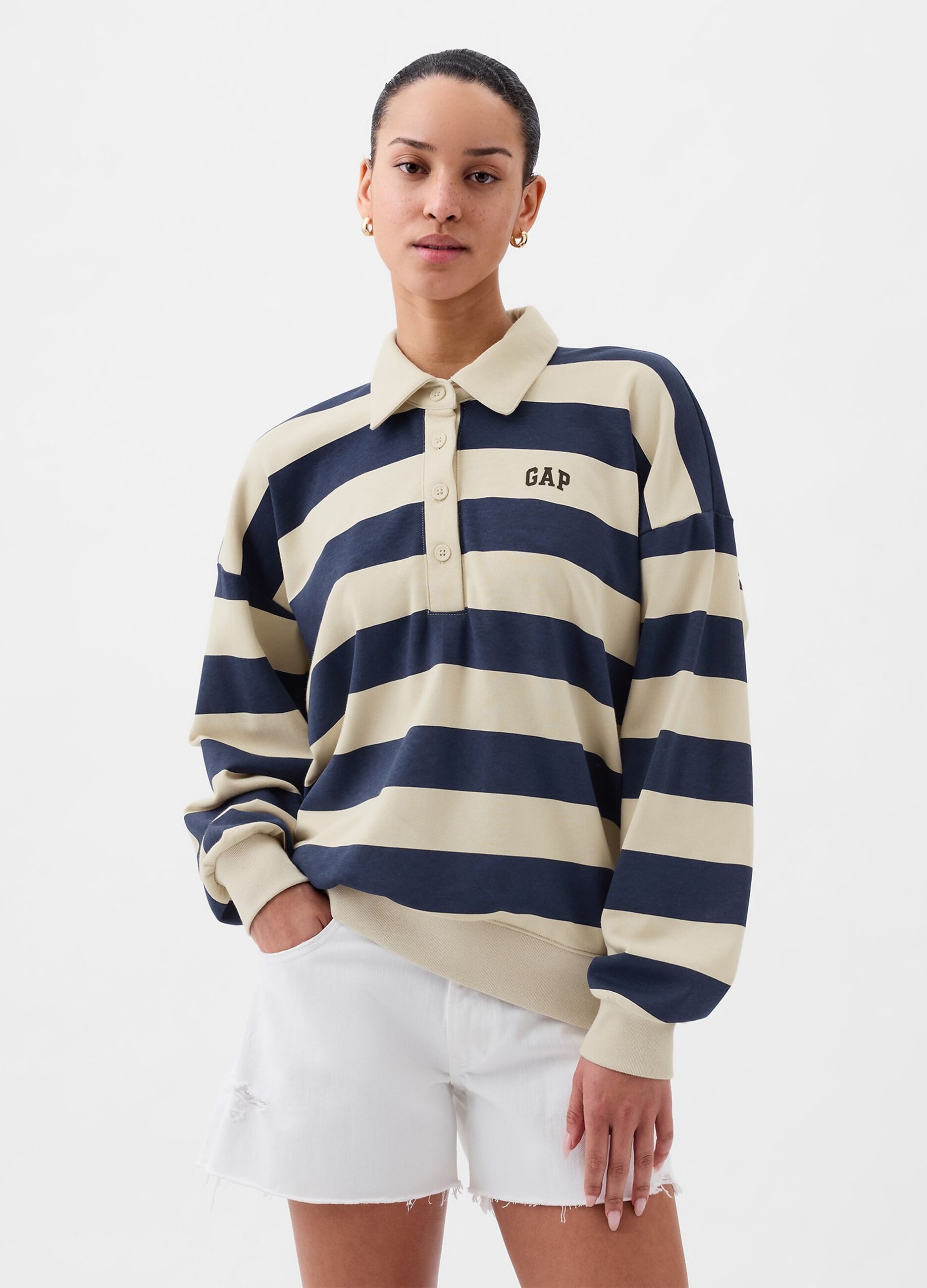 Striped oversized sweatshirt with polo neck