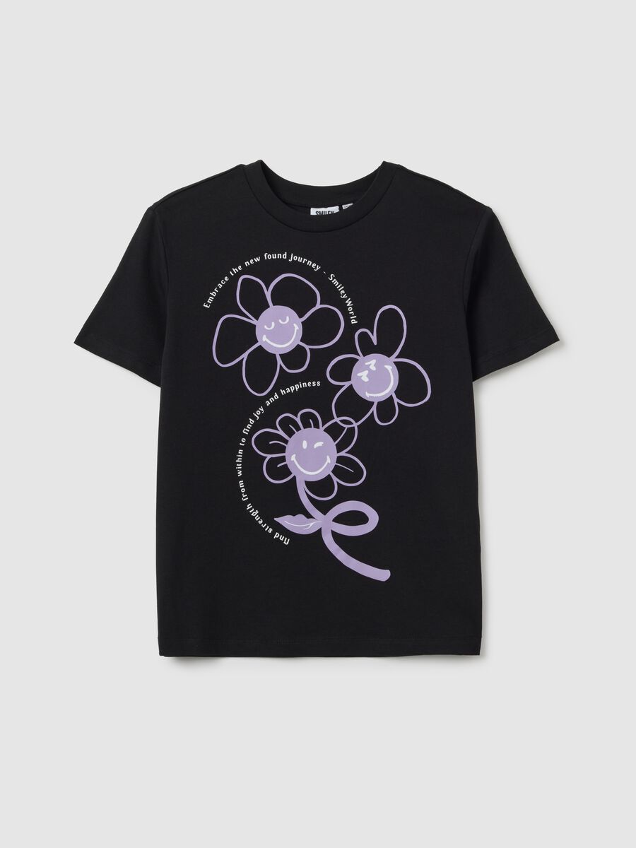 Girls' pure black cotton oversized T-shirt_0