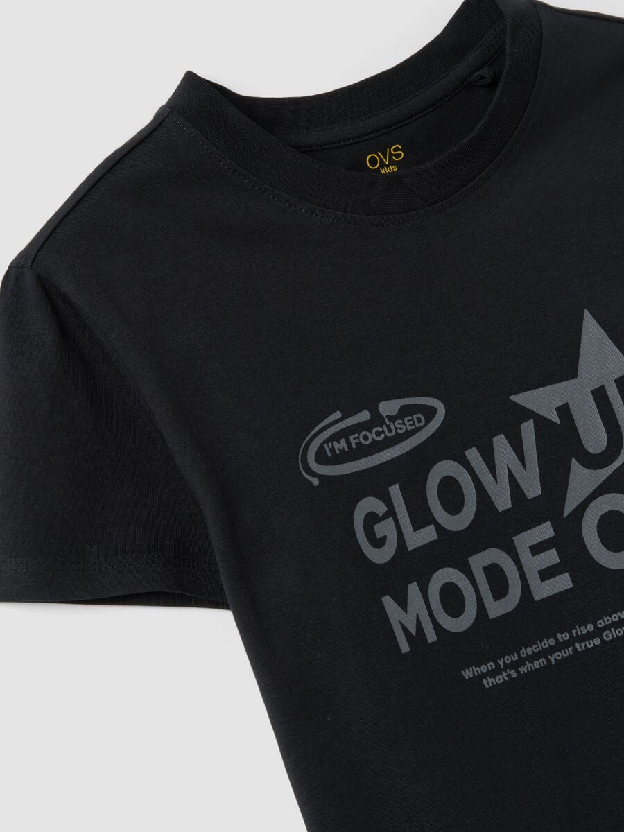 T-shirt nera in puro cotone organico con grafica argentata per ragazza_2