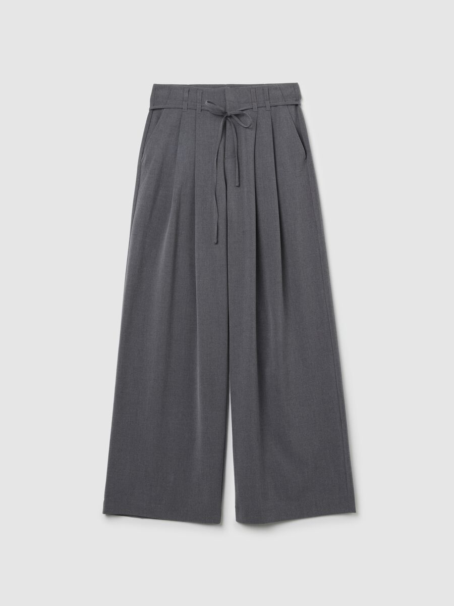 Pantaloni wide leg grigi con fiocco_0