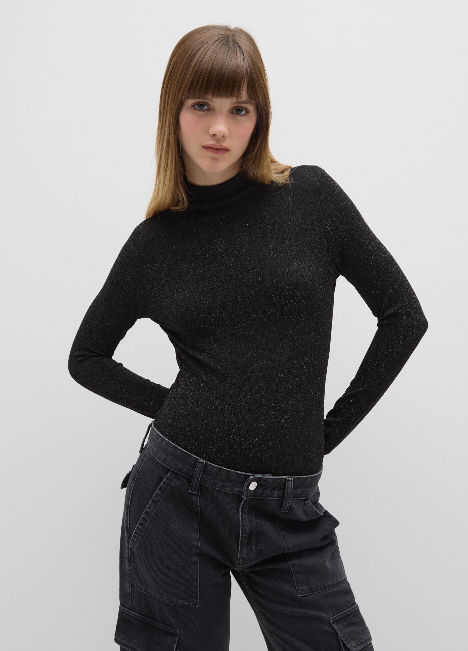 Black high-neck bodysuit in lurex regular fit with open back