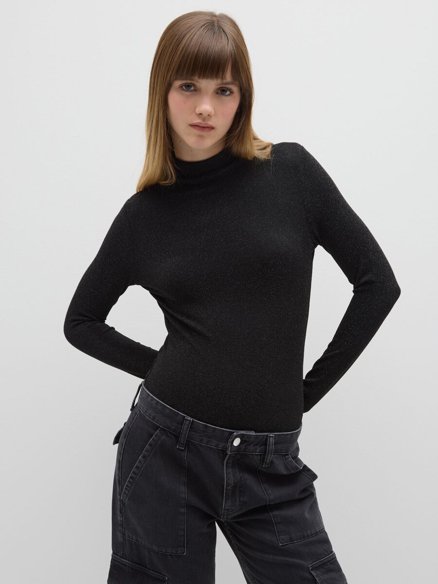 Body a collo alto nero in lurex regular fit con schiena scoperta_0