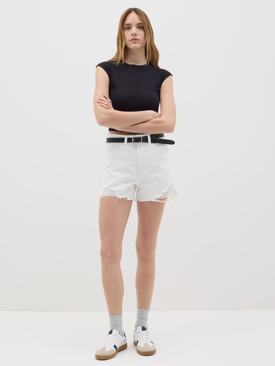 White Cotton Denim Shorts_0