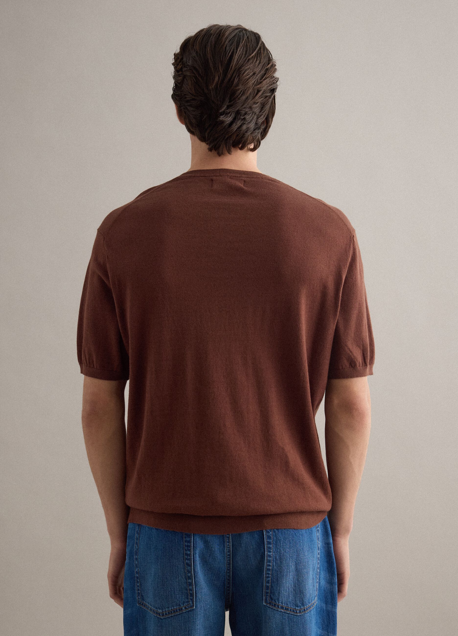 Short-sleeve brown regular fit t-shirt in cotton, linen and silk blend