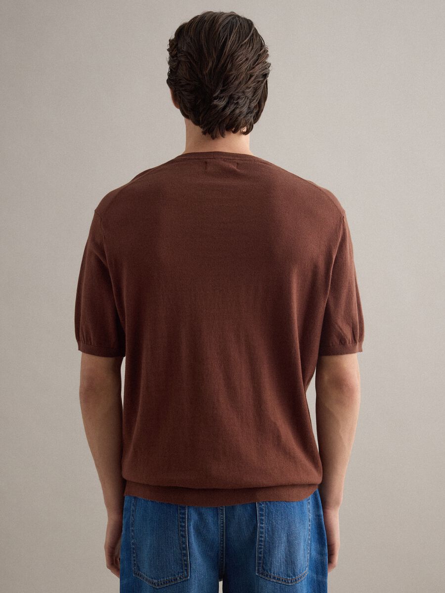 Short-sleeve brown regular fit t-shirt in cotton, linen and silk blend_4