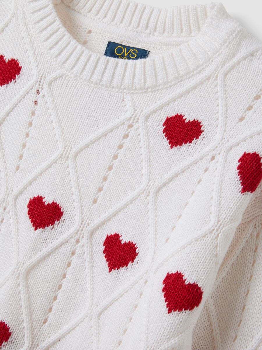 Maglia bianca in misto cotone con motivo traforato e cuori per ragazza_2