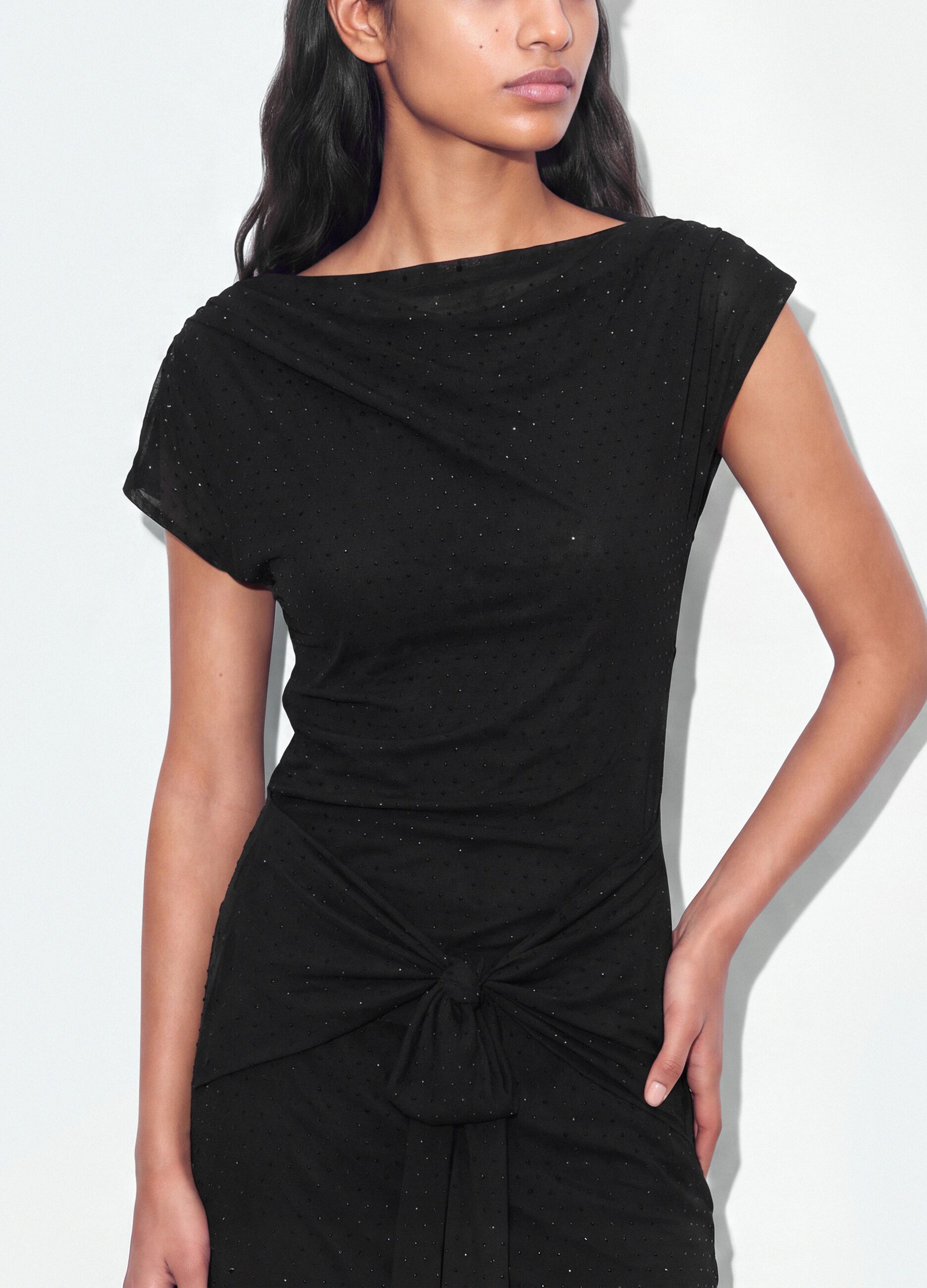 Black stretch-fabric dress with draping, regular fit