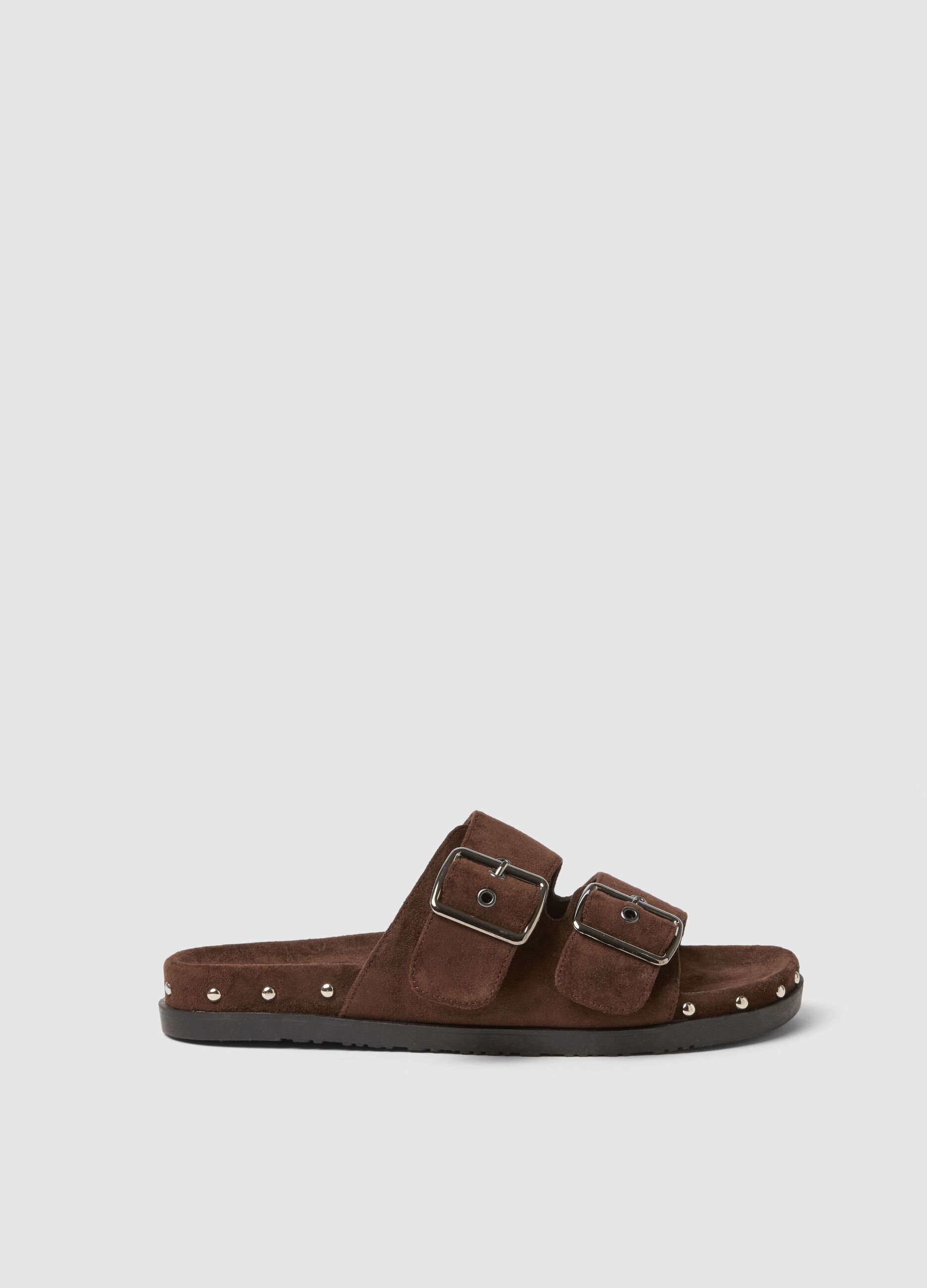 Brown genuine leather sandals with buckles and metallic details