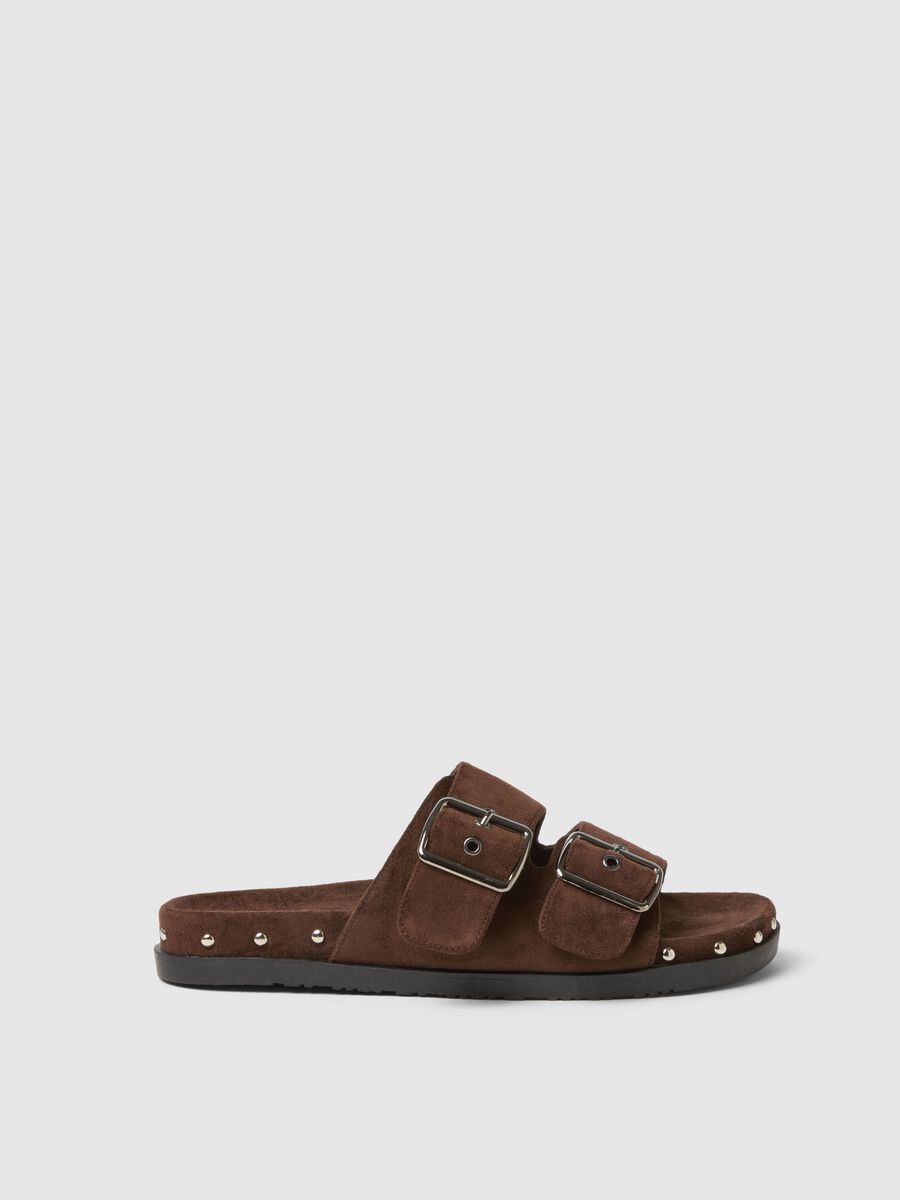 Brown genuine leather sandals with buckles and metallic details_0