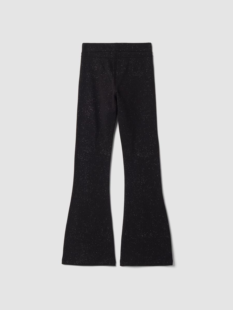Pantaloni flare neri in cotone elasticizzato con stampa glitterata_1
