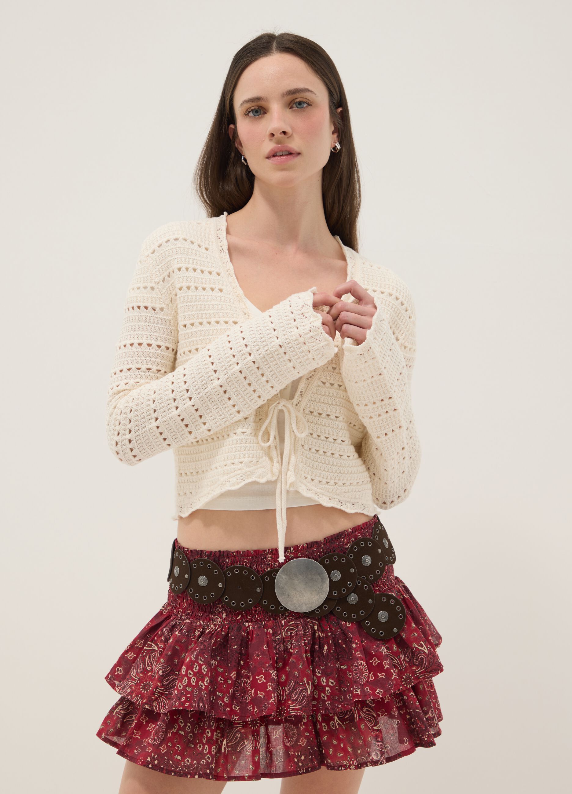 White pure cotton cardigan with regular fit and perforated design