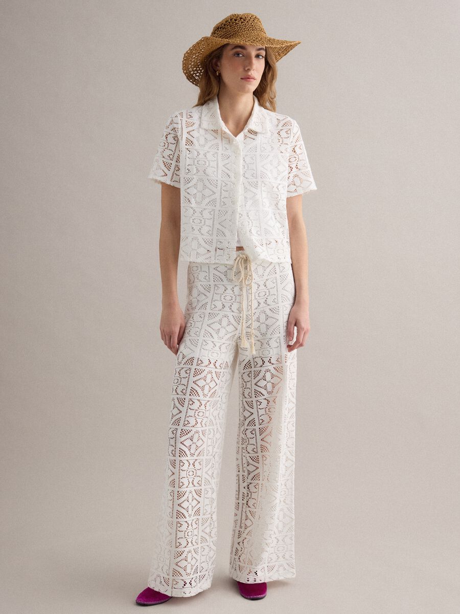 White openwork wide-leg trousers with elasticated waistband_0