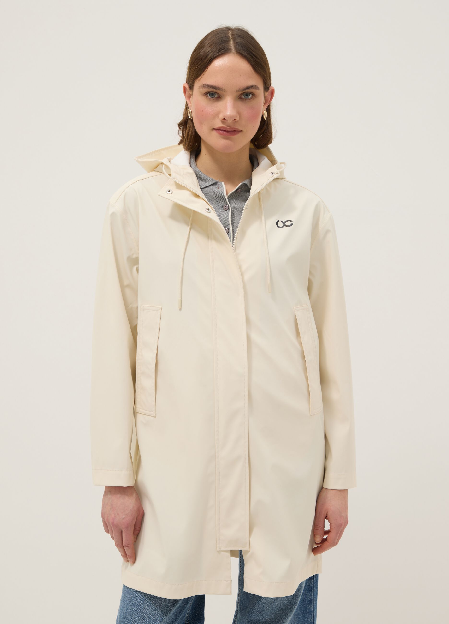 Beige Waterproof Jacket with Hood Regular Fit
