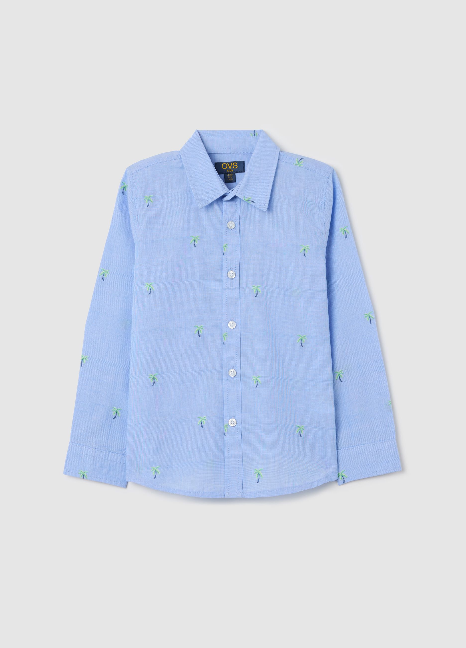 Camicia azzurra in cotone con ricamo palme