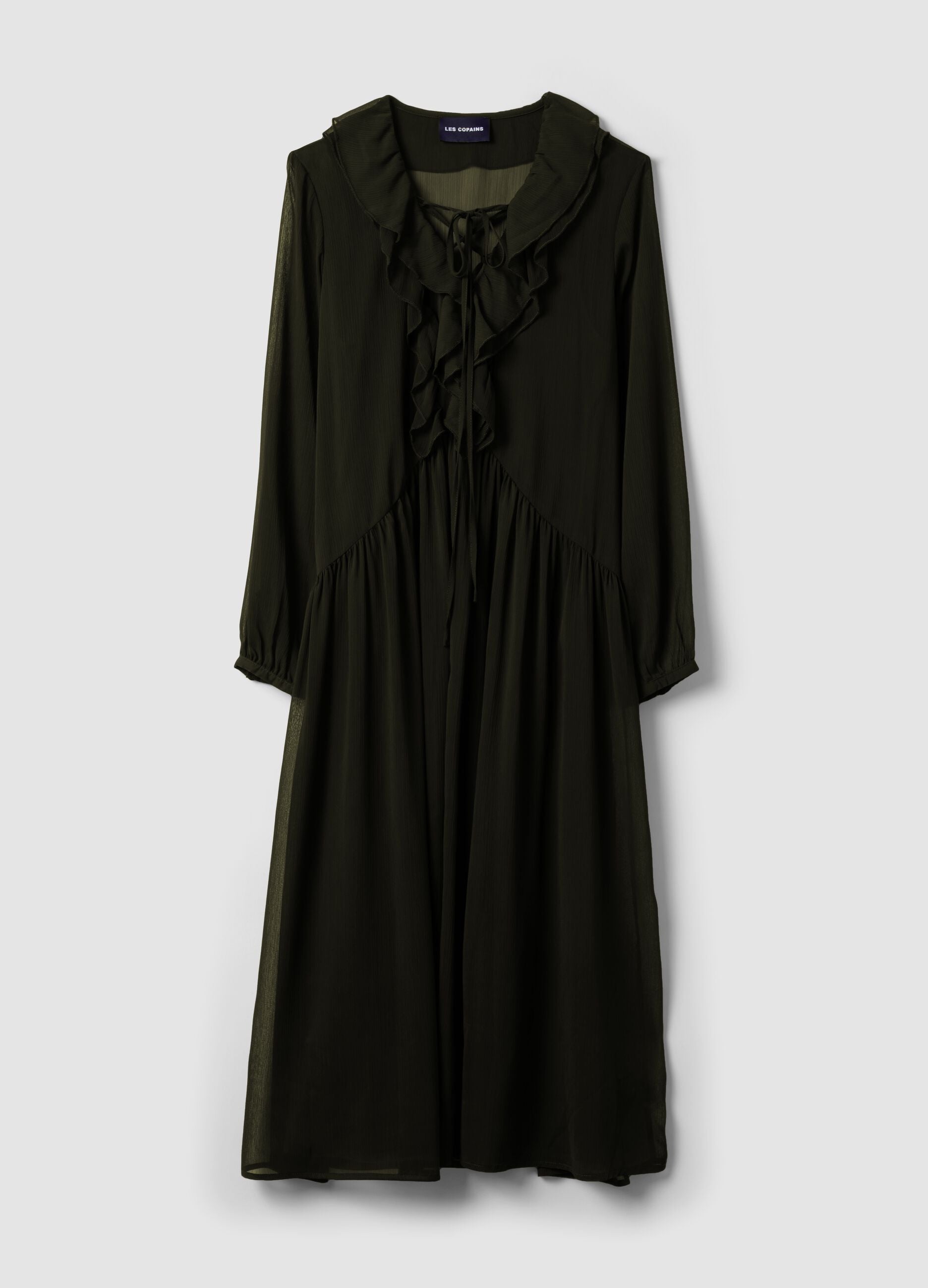 Black dress with deep V-neck and ruffles