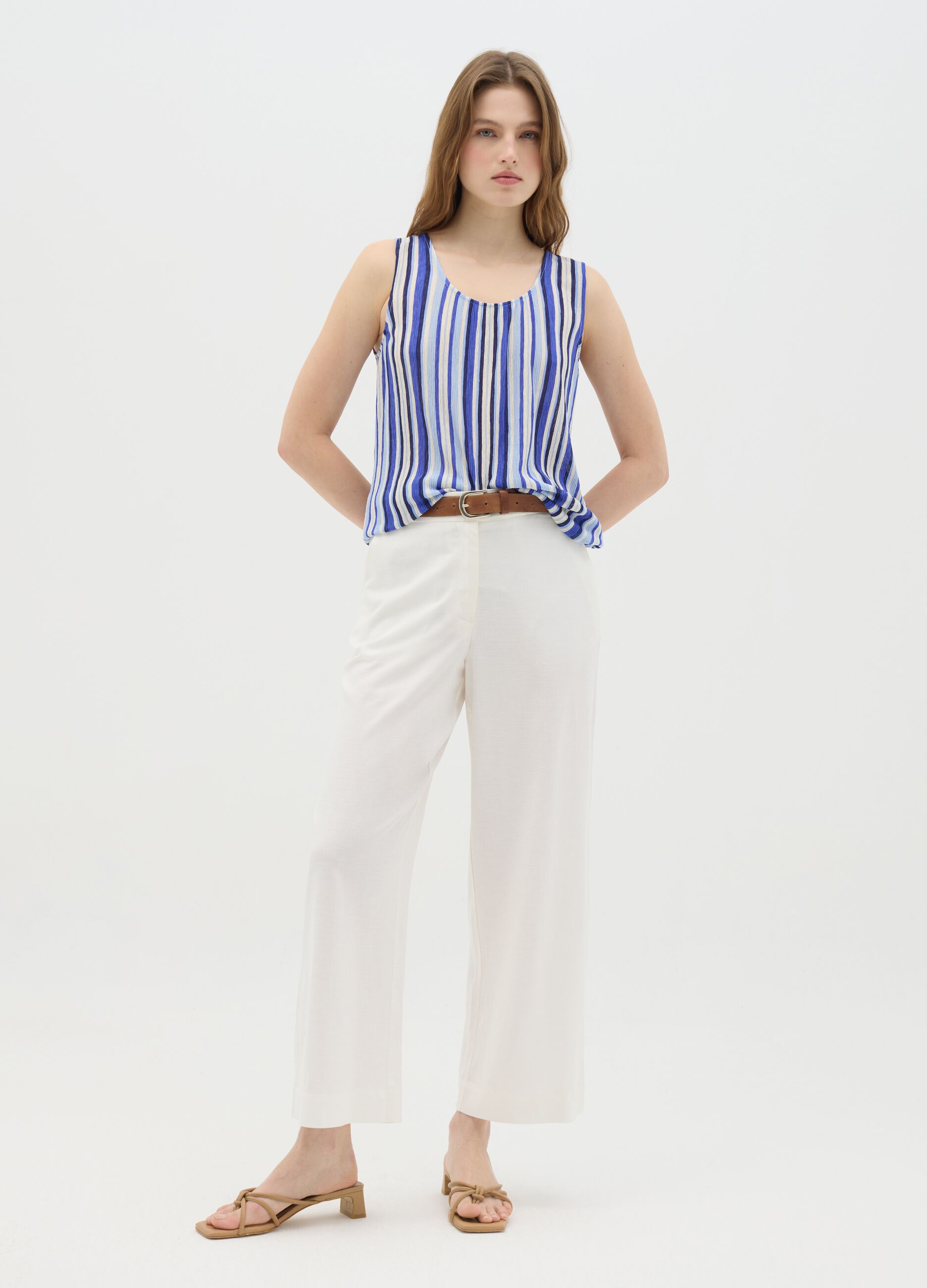 Blue Striped Tank Top in Mixed Fabric