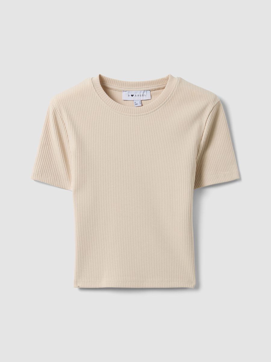 Beige ribbed fitted stretch-cotton T-shirt_4