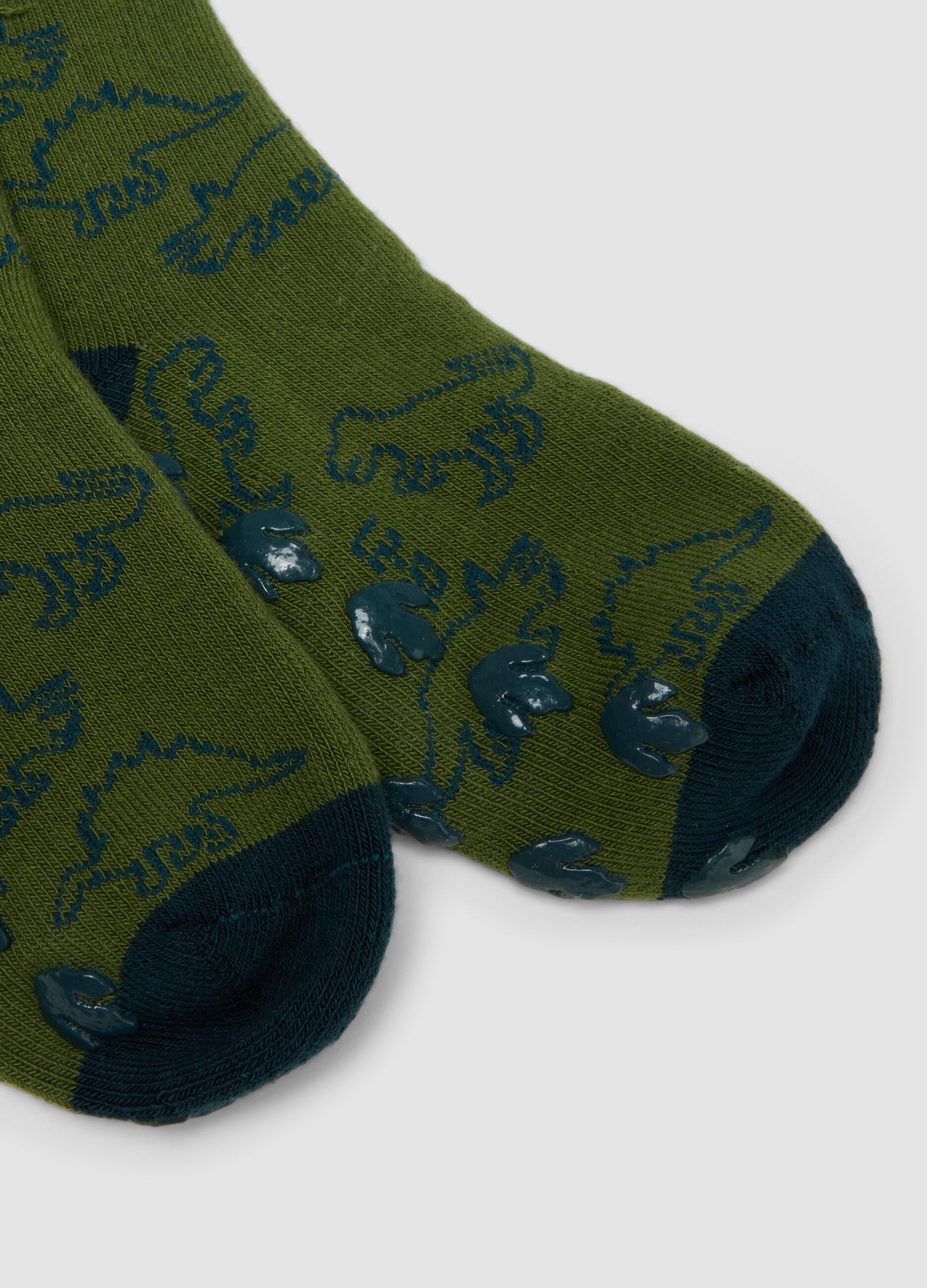 Bipack calze antiscivolo verdi in cotone organico elasticizzato con fantasia dinosauri
