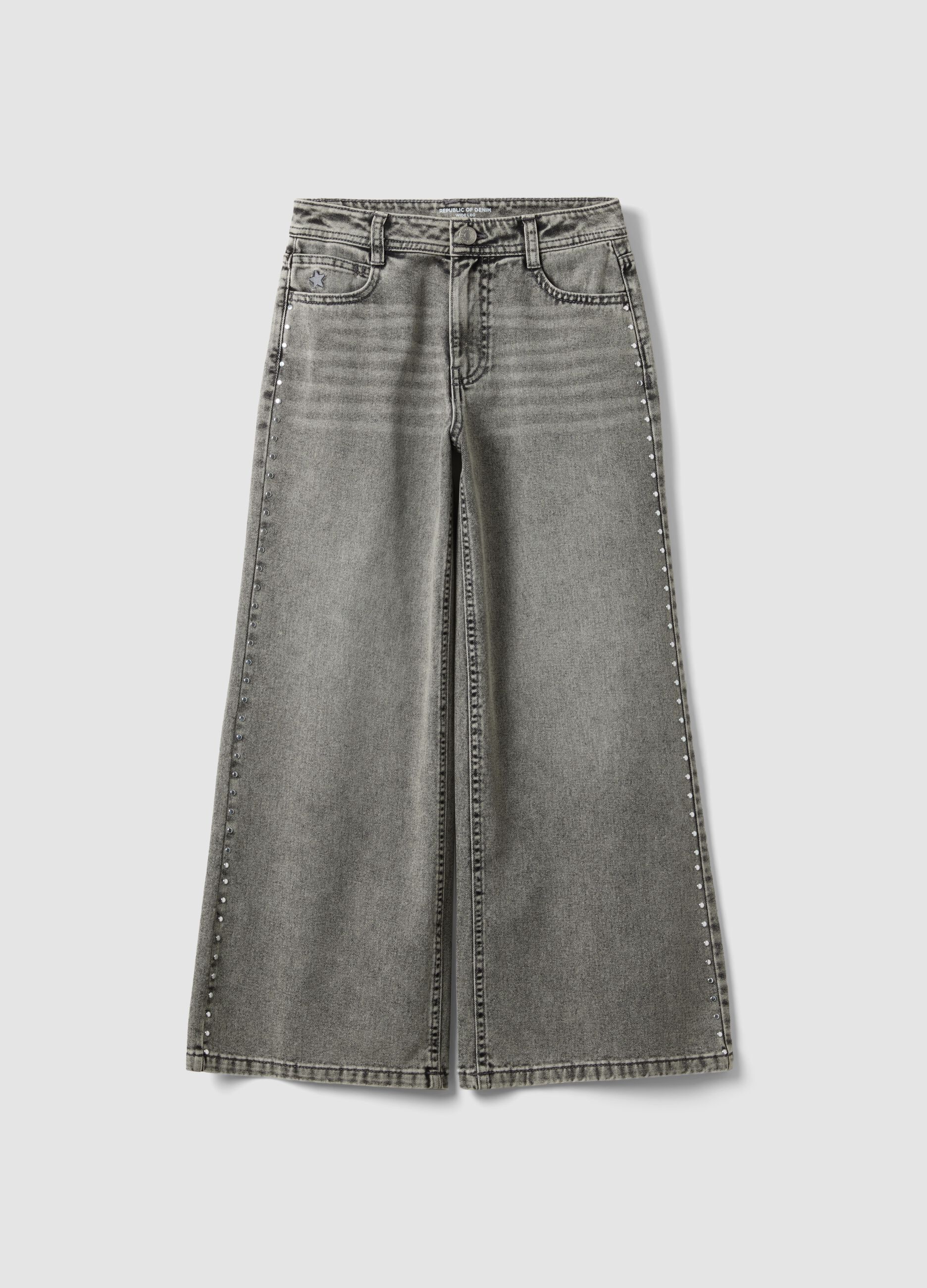 Girls&rsquo; pure cotton wide-leg grey jeans with studs