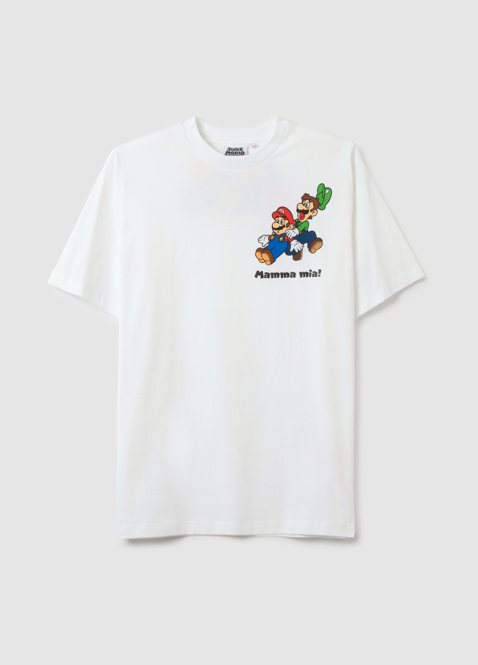 Relaxed fit white pure cotton t-shirt featuring Super Mario