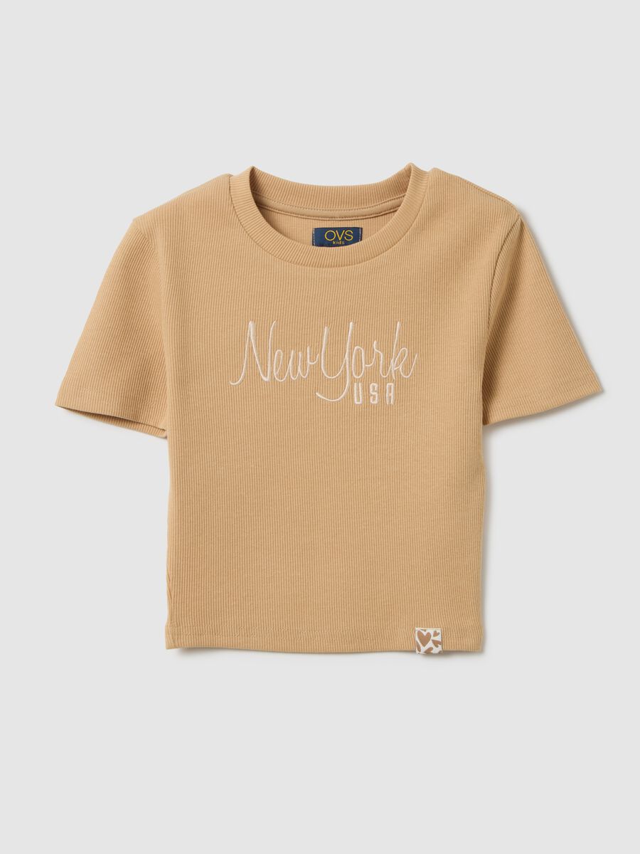 Girls' fitted beige stretch cotton t-shirt_0
