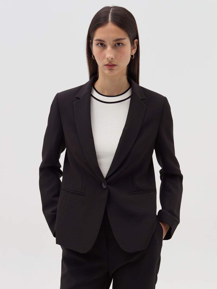 Solid colour single-breasted blazer_0