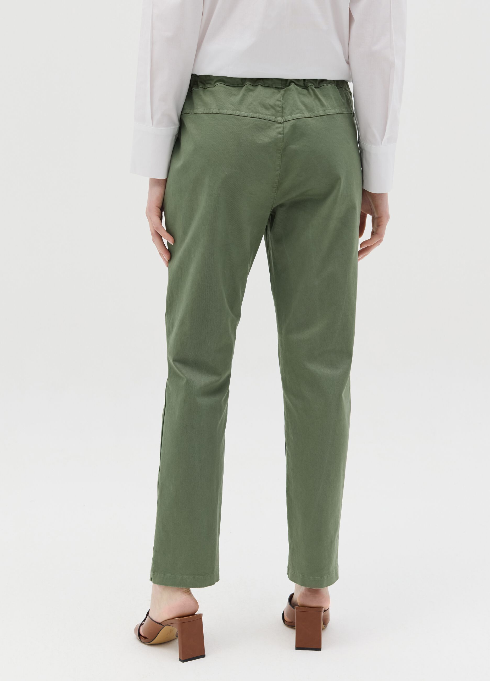 Green stretch cotton trousers with drawstring